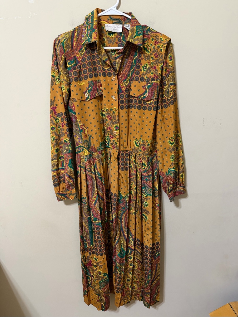 Schrader Sport Classic vintage retro Paisley Long Sleeve Shirt maxi Dress 10 euc